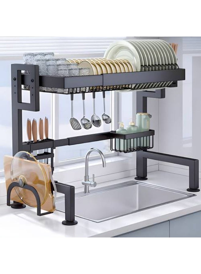 طيبة منظم وصفايه حوض 65 سم تجفيف للاطباق يوضع فوق الحوض 1 صفايه من الستانلس ستيل مع حامل لعيدان الاكل ولوح التصفية لادوات المطبخ موفرة للمساحة خطافات تعليق - اسود - Image 2